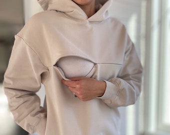 Breastfeed Sweater, Nursing Friendly Breastfeeding Sweatshirt,  Breastfeeding Clothing, Pregnancy Clothes, Hooded Sweater for Nursing Moms