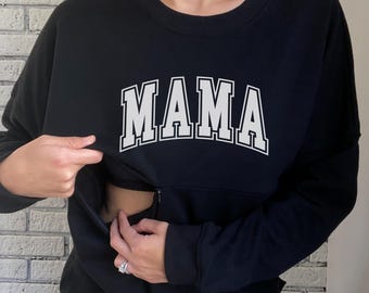 MAMA Block Letter Chill Crewneck, Nursing Fleece Zipper Top, Breastfeeding Zip Sweater, Nursing Sweatshirt Maternity, Side Zip Nursing Top