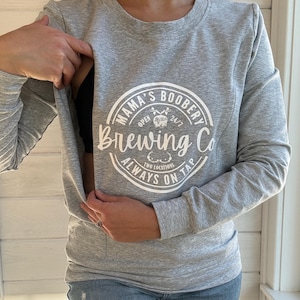 Breastfeed Friendly Funny Mama Boobery Brewing Co., Sweatshirt, Nursing Cover, New Mom Gift, Pumping or Nursing Friendly Crewneck or Shirt