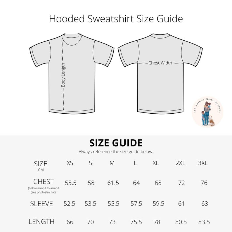 Pu&ograve; includere: Guida alle taglie per felpa con cappuccio con una tabella che mostra le misure in centimetri per il petto, la manica e la lunghezza per le taglie XS a 3XL.