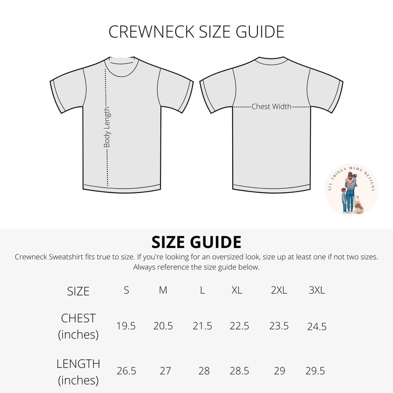 Size Guide for Breastfeeding Friendly Crewneck Sweater with logo design Mama Boobery Brewing Co Always on Tap 24/7 Two Locations in Beige