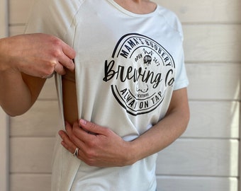Funny Breastfeeding Brewery T-Shirt, Mama Boobery Brewing Co. Breastfeeding Shirt, Breastfeeding Clothing, Nursing Friendly Tops & T-Shirts