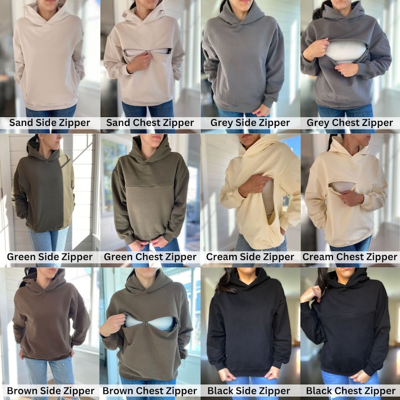 Pu&ograve; includere: Un collage di dieci felpe con cappuccio in vari colori, tra cui sabbia, grigio, verde, crema, marrone e nero. Ogni felpa ha una cerniera laterale o sul petto, alcune con una cerniera nascosta per un accesso discreto all'allattamento.