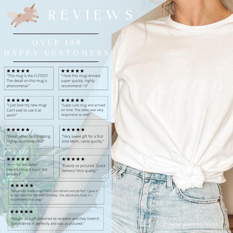 May include: A collage of customer reviews for a mug with a unicorn illustration. The reviews are all positive and highlight the quality of the mug, the speed of shipping, and the responsiveness of the seller.