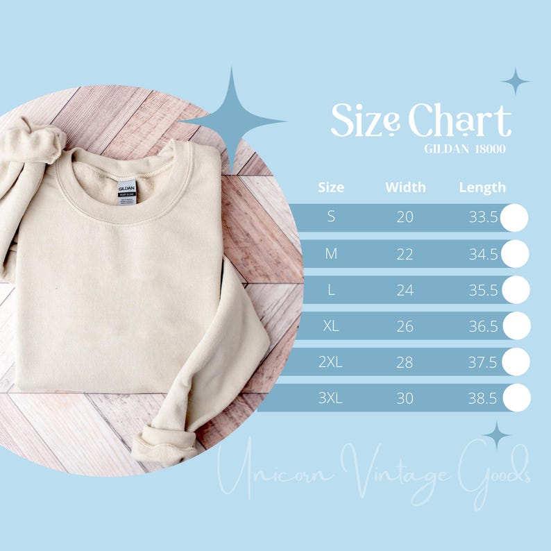 May include: Size chart for Gildan 18000 sweatshirts, showing width and length measurements in inches for sizes S through 3XL. The chart is on a light blue background with a white border.