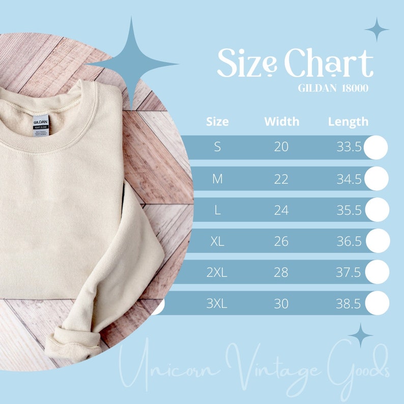 May include: Size chart for Gildan 18000 sweatshirts, showing width and length measurements in inches for sizes S through 3XL. The chart is on a light blue background with a white border.