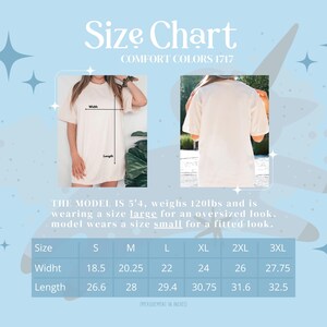 May include: Size chart for a white t-shirt with measurements in inches for width and length. The chart shows sizes from small to 3XL. The model is 5'4 and weighs 120 lbs.