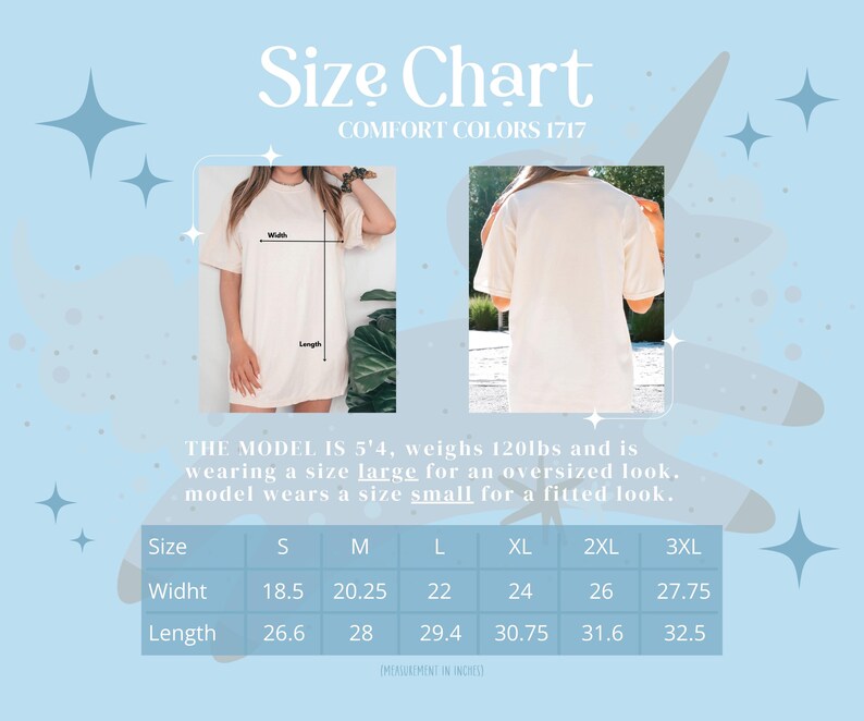 May include: Size chart for a white t-shirt with measurements in inches for width and length. The chart shows sizes from small to 3XL. The model is 5'4 and weighs 120 lbs.