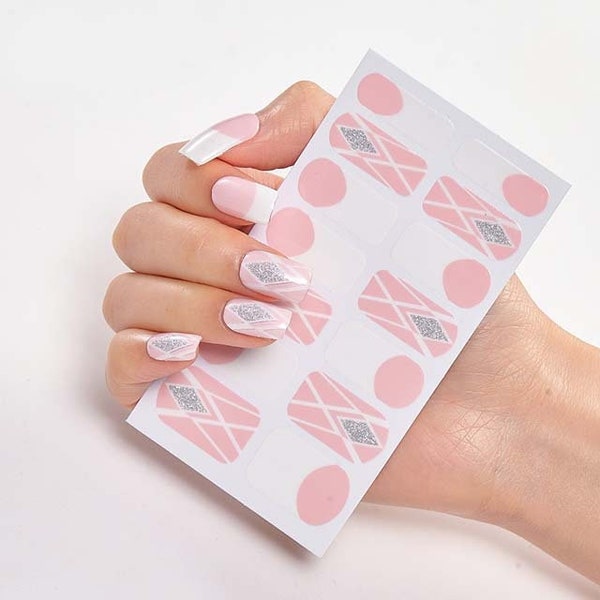 Pink White Silver Nail Wraps, Glitter Nail Strips, 100% Nail Polish Stickers, Criss Cross Pink Nail Stickers, Pink French Manicure, Diamonds