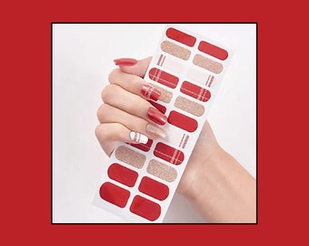 Red Plaid Nail Polish Wraps, Red and White with Gold Glitter, Full Nail Coverage, Sparkly Nail Stickers, Red Nail Strips