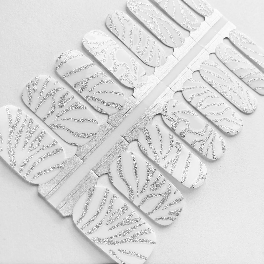 Silver Glitter Swirls Nail Wraps, White and Silver Squiggly Lines Nail