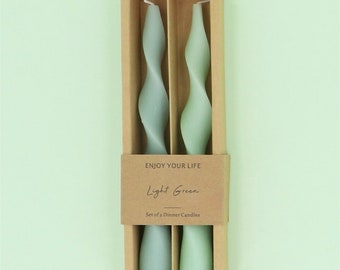 Box of 2 Taper Candles - Tonal Light Green Blue Twist, Spring Easter, Dinner Candles - Gisela Graham