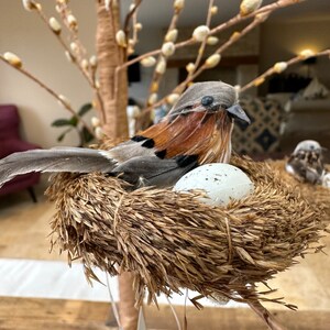 May include: A brown and grey bird figurine sitting in a woven nest with a speckled white egg. The nest is on a branch of a faux willow tree with yellow buds.