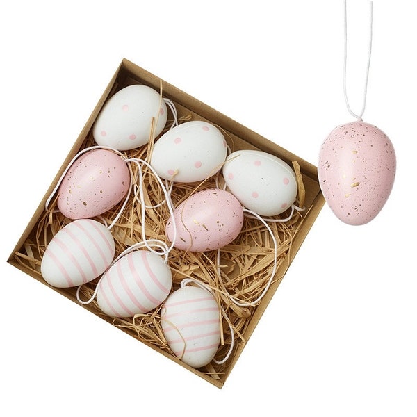 Easter Egg Pastel Pink White Decorations - Box of 9, Egg Hunt, Rabbit hanging decs, Easter Tree