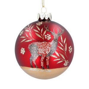 Painted Matt Red Glass Hanging Stag Reindeer with Gold leaves Bauble Christmas Animal Decoration