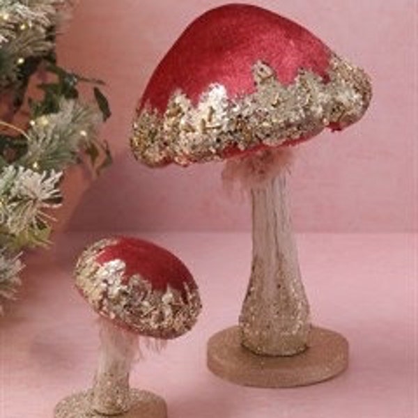 Velvet & Paper Dark Pink Toadstool Mushroom SET OF 2 Christmas Decoration, Woodland, Fairytale, Nordic Scandi