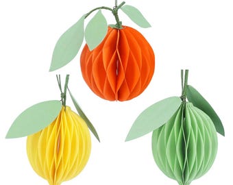 Honeycomb Paper Citrus Decorations, Lemon, Orange Lime Hanging Fruit Party Decs, Gisela Graham