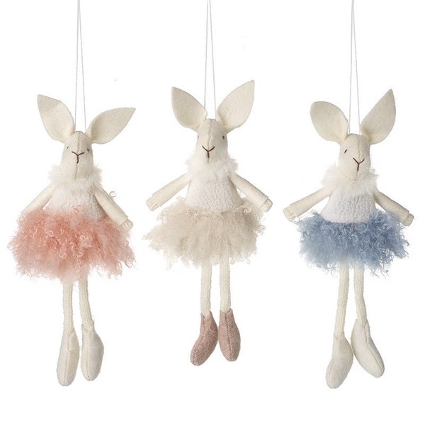 Hanging Bunny In Fluffy Skirts Mix, Ballerina Rabbit in pink blue dress, Girl Boy Easter Tree Decoration