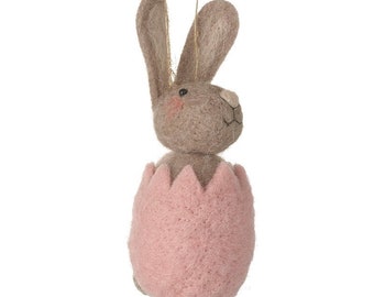 Mixed Wool Decorations - Bunny in Pink Egg, Felt, Girl, Boy, Bunny Rabbit, Hanging Easter Tree Decoration 14cm