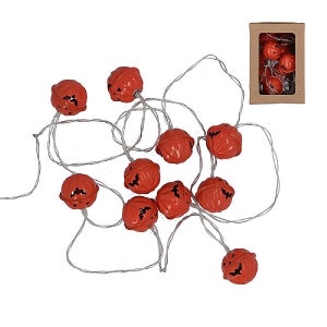 May include: A string of orange pumpkin-shaped lights with a bat design. The lights are strung together with clear wire and are perfect for Halloween decorations.