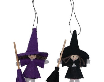 Gisela Graham Wool Felt Witch Dressed on Broom Kids Hanging Halloween Decoration Ornament Gift