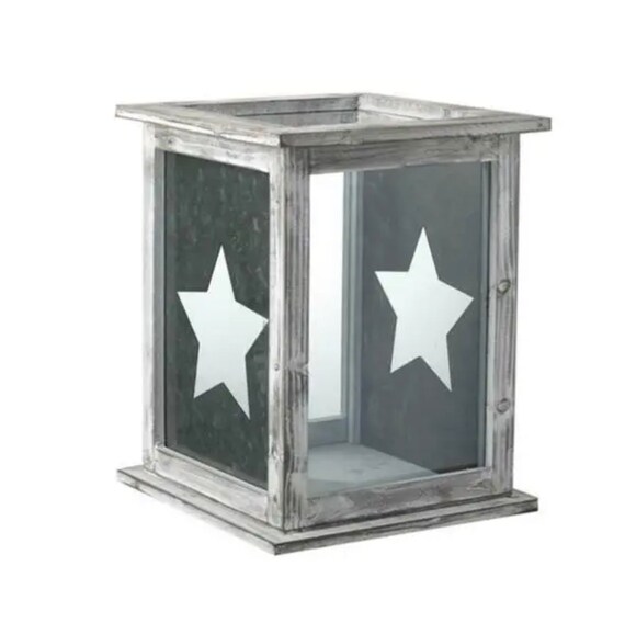 Wood Glass Candle Hurricane Lantern Holder STAR Grey Rustic