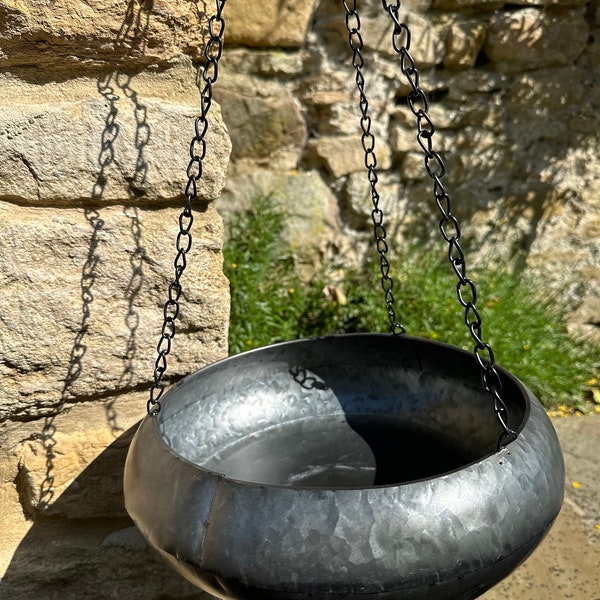 Vaso per piante sospeso in metallo zincato, copertura per fioriera sospesa, ciotola piatta grigia, regalo da giardino per giardinieri