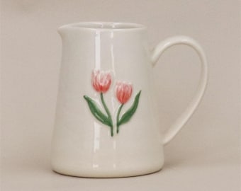 Ceramic Mini Jug with Pink Tulip, Easter Spring, Tea, Flower Coffee Cup, Home Gift