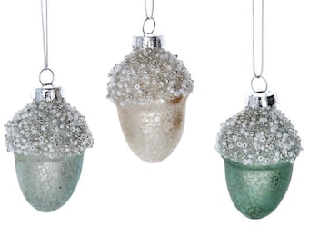SET of 3 Beaded top glass pastel acorn baubles, 6cm, Christmas Decoration, Gisela Graham