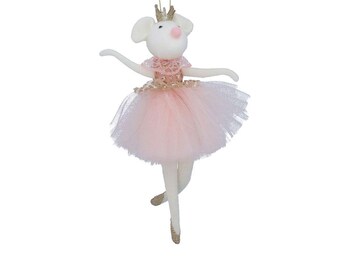 May include: A white mouse ornament wearing a pink tutu, gold crown, and gold ballet slippers. The mouse has a pink nose and is posed in a ballet stance. The ornament is suspended by a gold string, perfect for holiday decor.