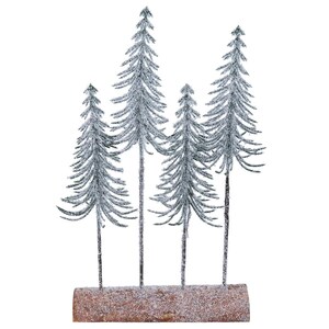 May include: A festive winter decoration featuring four frosted pine trees of varying heights. The trees are attached to a brown, snow-covered wooden base. The evergreen trees have a dusting of white snow, creating a festive holiday display.