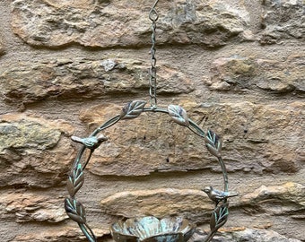 antik Grün & Gold Vogel Futterhäuschen, hängende Metall Skulptur Gartenverzierung BirdFeeder Dekoration