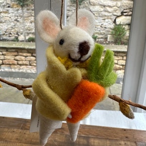 Mixed Wool Felt Dressed Bunny Rabbit wearing yellow coat with Carrot, Hanging Easter Decoration