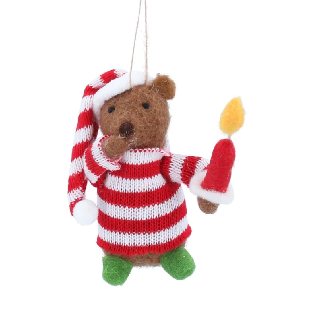 Wool Felt 11cm Bear With Nightcap and Candle Christmas Stripe Nightgown