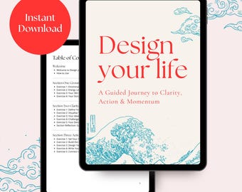 May include: A digital tablet displaying a guide titled "Design your life: A Guided Journey to Clarity, Action & Momentum". The guide features a table of contents with sections on grounding, clarity, and action. The tablet is on a pink background with blue and white clouds.