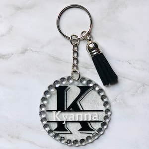 Letter Initial Personalized Rhinestone Name Acrylic Glitter Clear Keychain, Custom Name Keychain, Custom Key Tags, Monogram Keychain, Round