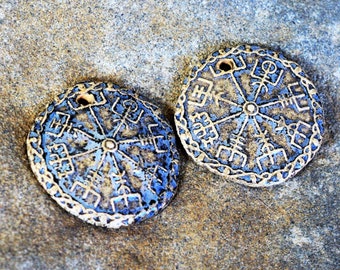 Viking Compass, Artisan Ceramic Charms Handmade Jewelry Artisan Earring Pair Waby Saby Charms Unique Beads Boho Supplies Stoneware Charms