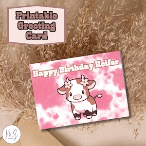 Carte de voeux numérique de joyeux anniversaire génisse, carte de voeux drôle, carte d'anniversaire de cow-girl drôle, téléchargement immédiat, carte de voeux imprimable