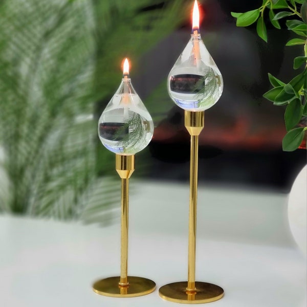 Glass oil lamp | Waterdrop | Candlestick attachment | Mouth-blown & handmade | For indoor and outdoor use | Permanent wick made of glass fibers