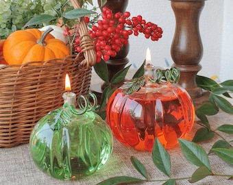 Pumpkin 2-piece Oil Lamp Hand Blown Glass, Modern Oil Candle Indoor & Outdoor, Handmade Glass Lamp with Fiberglass Wick, Housewarming Gift