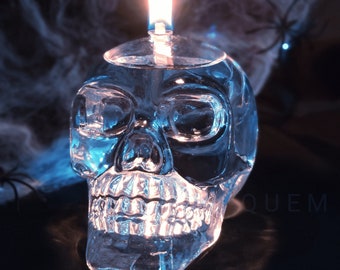 Skeleton Skull Oil Lamp Hand Blown Glass, Modern Oil Candle Indoor & Outdoor, Handmade Glass Lamp with Fiberglass Wick, Housewarming Gift