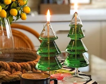2-piece Christmas Tree Oil Lamp Hand Blown Glass, Oil Candle Indoor & Outdoor, Handmade Glass Lamp with Fiberglass Wick, Housewarming Gift