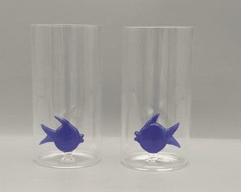 Mini Schnapsglas | Fisch | 2 Stück | Cocktail Party Glas | Tequila glas | kleine Trinkbecher | Murano Glas | Glasfigur | Trinkglas