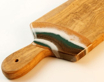 Green-Orange Olive Wood Resin Cutting Board, Epoxy Serving and Cheese Board, Handmade Charcuterie Platter, Housewarming Gift