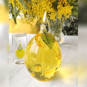 Lampada a olio in vetro | Limone | Soffiata a bocca e realizzata a mano | Lampada a olio moderna per uso interno ed esterno | Stoppino permanente in fibre di vetro