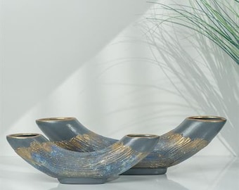 Vase 2-Teilig | Keramik | Röhrenvasen-Set Palladium | Getöpfert | Dekovase | Handgemacht & Handbemalt | Designer Stück | Moderne Vase