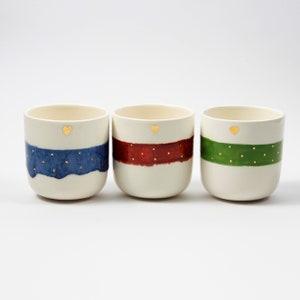 Tea cup | Coffee cup | Set of 3 or individually | Red, blue, green | Heart with real gold elements | Handmade ceramic | Design cup