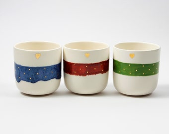 tasse de thé | Tasse à café | Ensemble de 3 ou individuellement | Rouge Bleu Vert | Coeur avec de vrais éléments en or | Poterie en céramique faite à la main | Tasse design