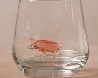 Drinking glass with pig | Animal figure | 3D | Murano glass | Glass with figure | Handmade | Water glass | Cup