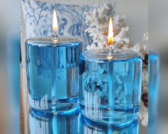2-piece Cylinder Oil Lamp Hand Blown Glass, Modern Oil Candle Indoor & Outdoor, Handmade Glass Lamp with Fiberglass Wick, Housewarming Gift
